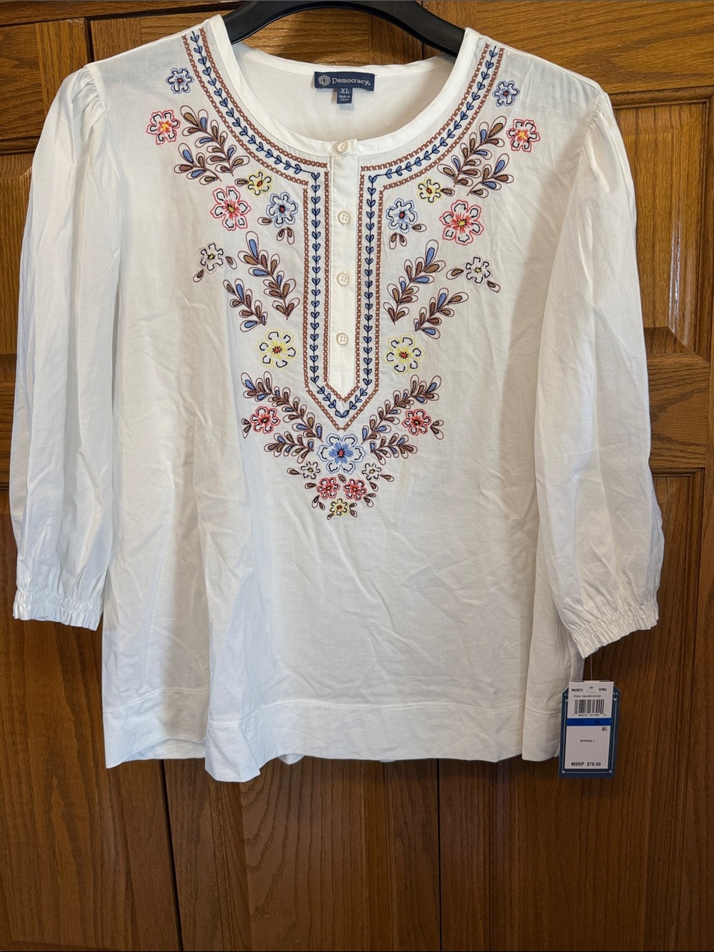 Democracy White Tunic with Multicolor Floral Embroidery-XL—NWT